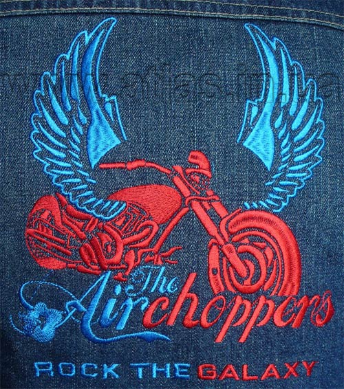 «The Airchoppers» art embroidery on a biker jacket enlarged fragment