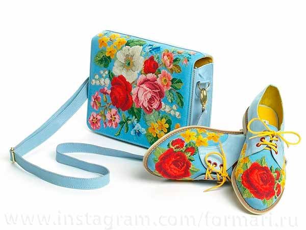 embroidered bag and slippers