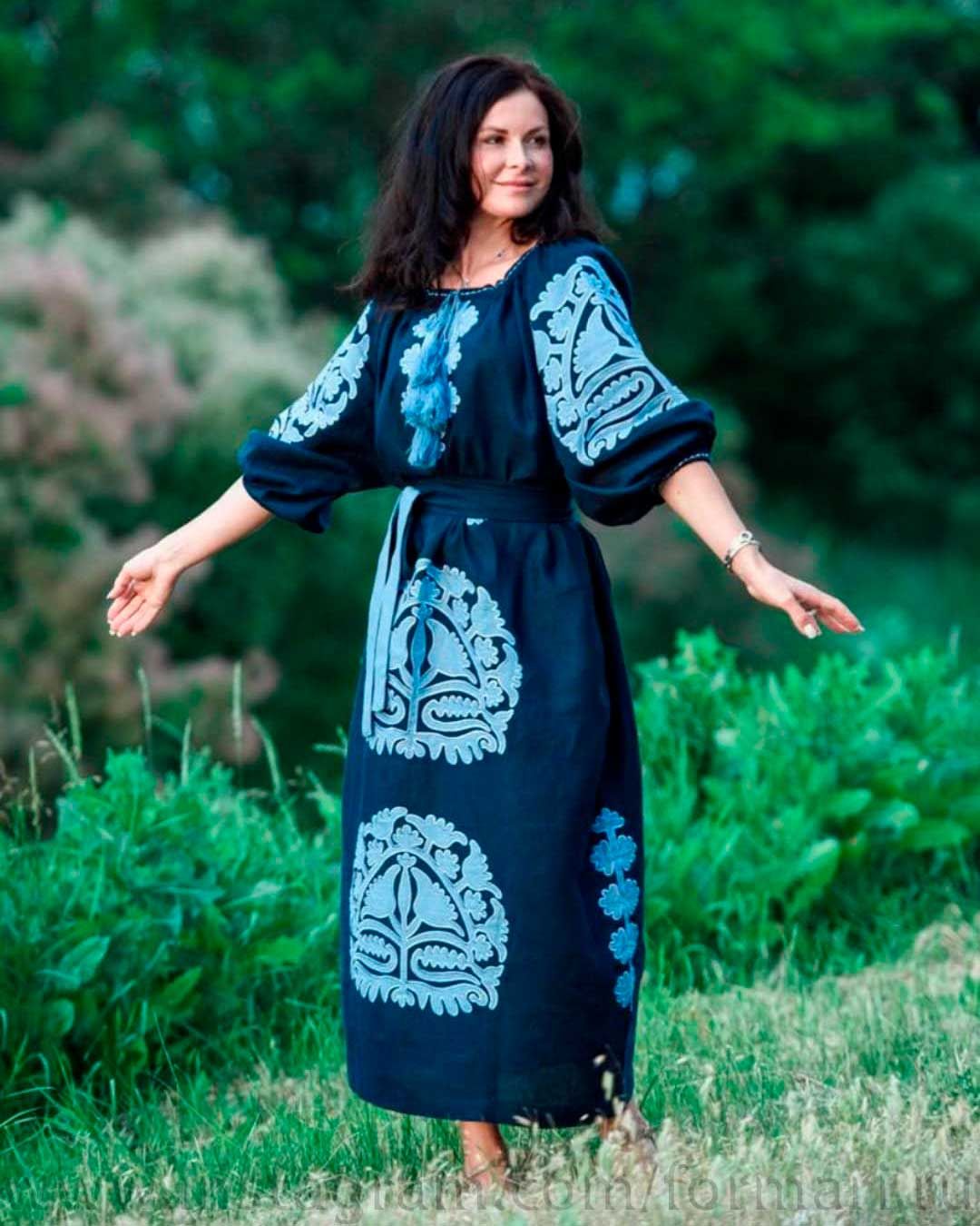 long navy dress with blue embroidery