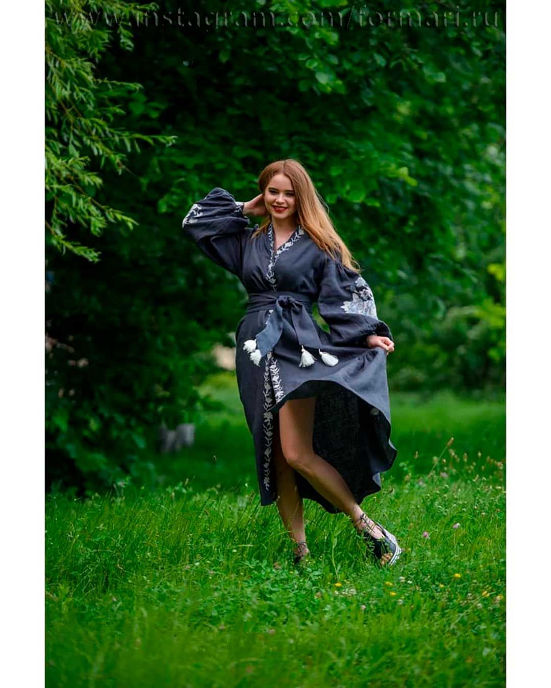 long linen black dress with embroidery