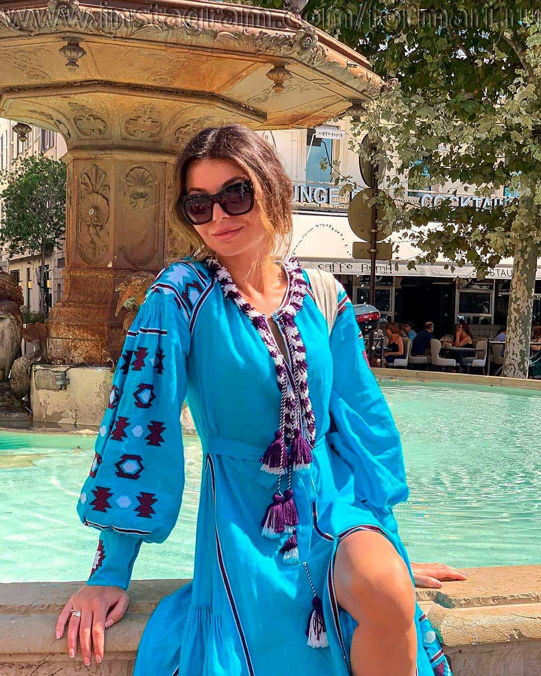 blue linen dress with embroidery